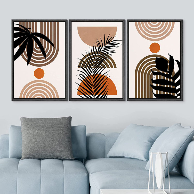 «Mid Century Modern Boho Geometric Palm Leaf Silhouette Polygons Abstract», ensemble de 3 impressions sur toile flottante