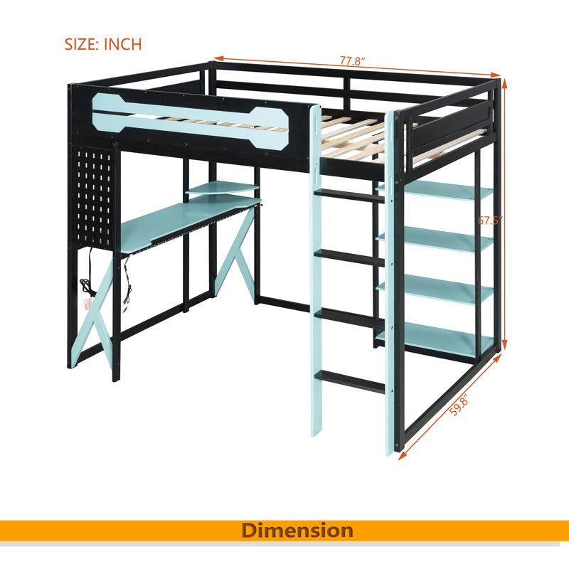Full Size Wood Loft Bed With Desk, Shelves, Power Outlet & USB/Type-C Ports, , And RGB Light, Blue