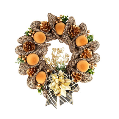 Couronne de Noël en jute à carreaux pré-éclairée, couronne lumineuse de 15,7 pouces avec boules de velours orange, pommes de pin, poinsettia doré pour décor de porte d'entrée hivernale