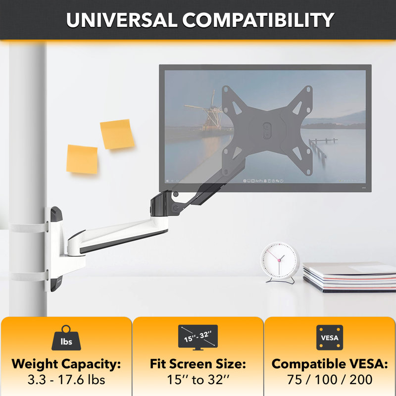 White Full Motion Gas Spring Monitor Mount for 15-32 Inch Screens