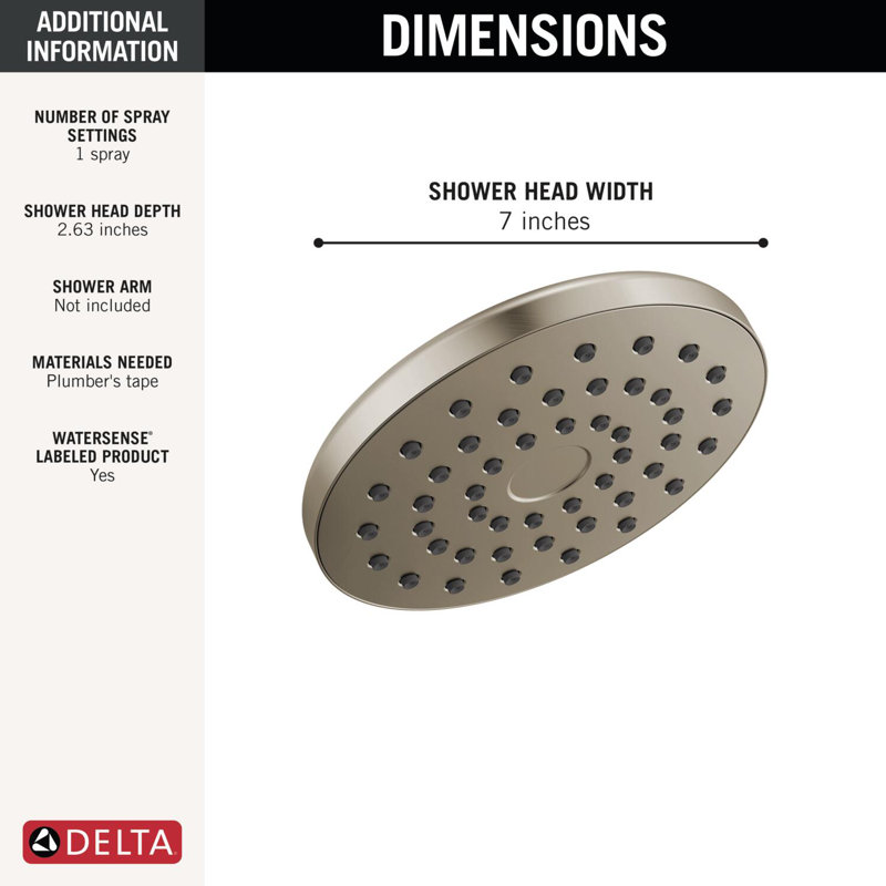 PivotPro Rain Showerhead, Single Setting 7 Inch Round Shower Head 1.75 GPM Stainless, Lumicoat® Stainless