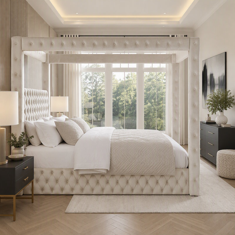 Cadre de lit à baldaquin Queen Size, lit plateforme recouvert de velours avec tête de lit capitonnée, haut-parleur Bluetooth intégré, ports de chargement USB-A et USB-C