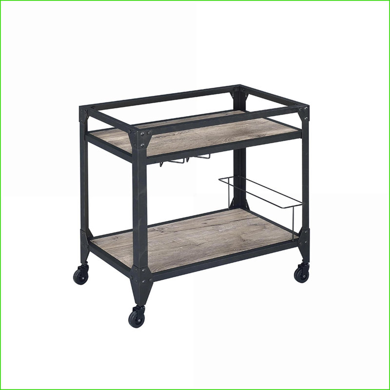 Chariot de service en chêne rustique & amp; Charbon de bois à 2 tablettes avec porte-verres à pied et amp; Rangement à vin | Industriel | Chariots de cuisine