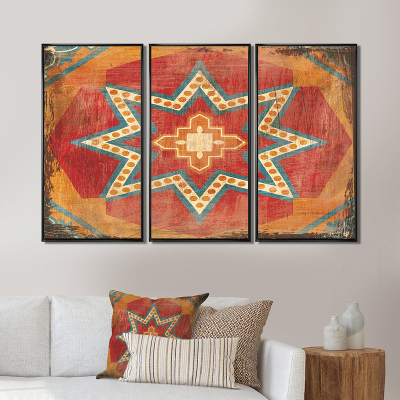 «Moroccan Orange Tiles Collage I», ensemble de 3 reproductions d'art sur toile encadrées bohémiennes et éclectiques