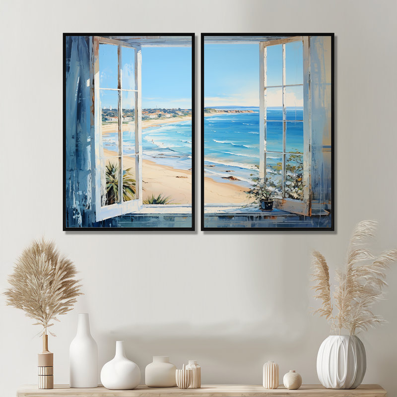 «Coastal Window View By The Beach III» - art mural côtier 2 pièces, 36" H x 48" W, Impression encadrée flottante, Black