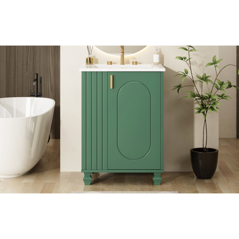 Meuble-lavabo de salle de bain rétro classique 24 po avec lavabo en céramique lisse, cadre en bois massif, rangement multifonctionnel, porte, couleur, conception autoportante, planches de montage et de livraison faciles, poignées en métal, sous le lavabo