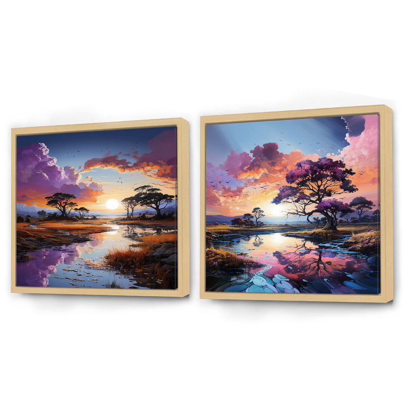 Ensemble de 2 charmants desserts au coucher du soleil, H 16 po x l 33 po, Cadre flottant brun