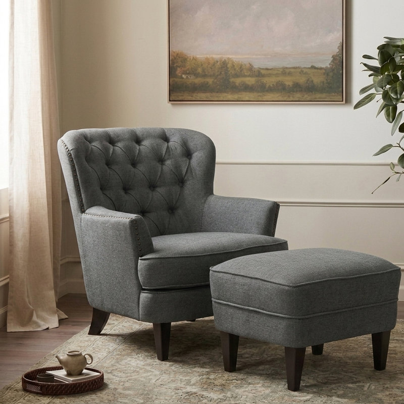 Fauteuil et repose-pieds capitonnés en polyester l 33 po Michaelson, Lin gris