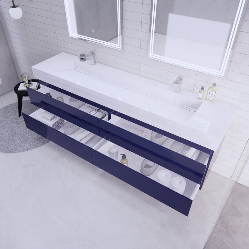 Babajide 83.3'' Bathroom Vanity with Acrylic Top, High Gloss Night Blue