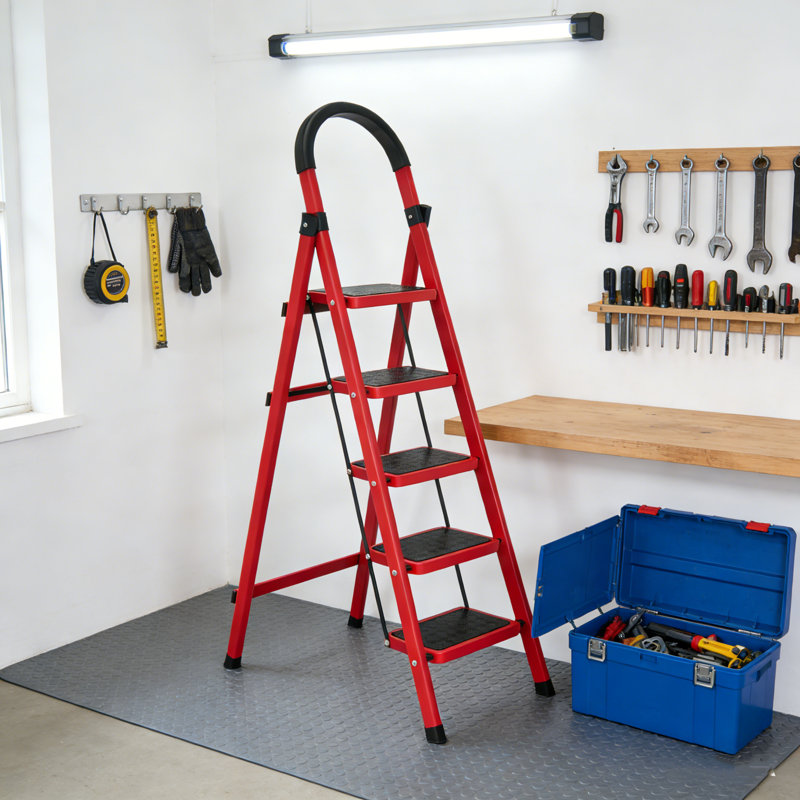 Échelle à 5 marches Escabeau léger pliant portatif en acier avec échelle à pédale antidérapante, porte-outils et main courante multi-usage pour la maison et le bureau - rouge