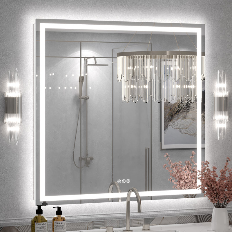 Molly Framelss or Framed LED Anti-Fog Tempered Glass Wall Bathroom Vanity Mirror - UL Certified, 38" x 38", Clear