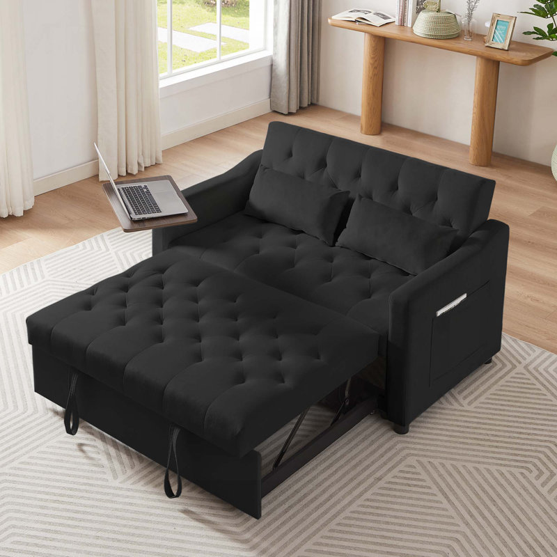 Latitude Run 3 in 1 Convertible Sofa Bed, 53" Vincy Sleeper Loveseat with Side Table, Pull Out Couch with 2 Pockets and 2 Pillows for Living Room Apartment Office