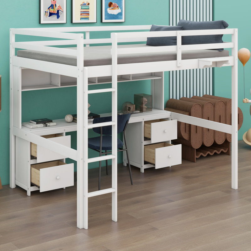 Loft Bed With Desk, Cabinets, Drawers And Bedside Tray, Charging Station, White