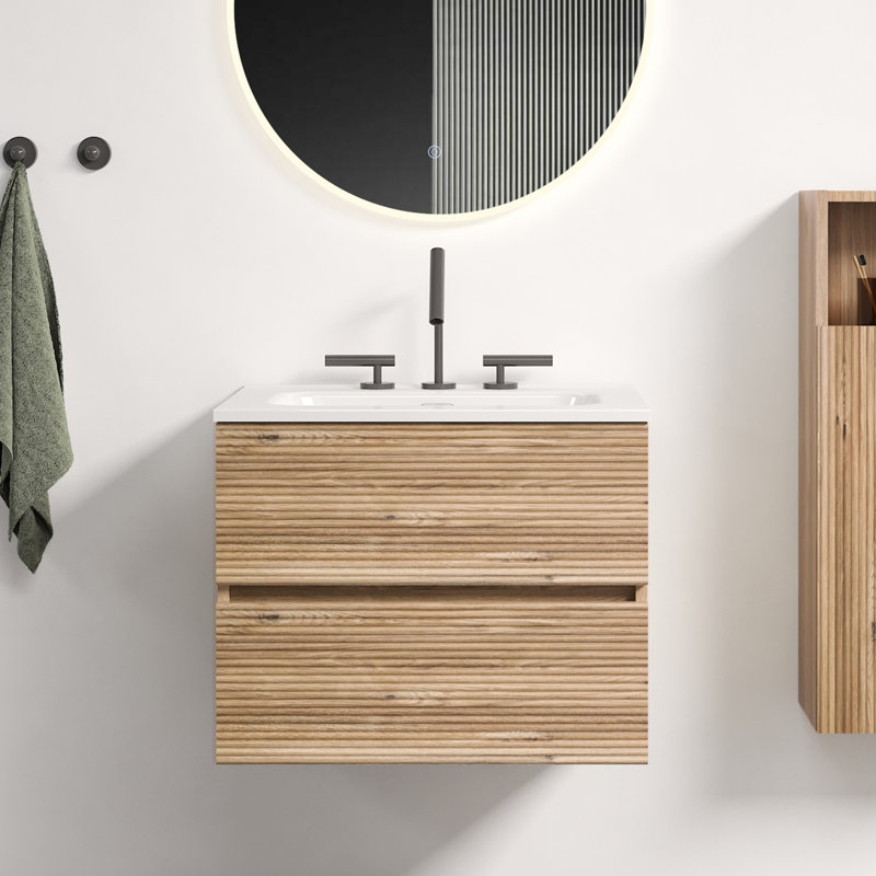 Meuble-lavabo mural en chêne brut de 61 cm (24 po) avec lavabo en céramique intégrée, 3 trous avec trop-plein, tiroirs à fermeture amortie DTC, grand meuble-lavabo suspendu moderne