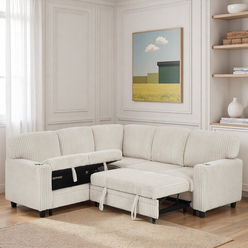 Canapé-lit modulaire en L avec lit escamotable, rangement, charge USB et porte-gobelet, Velours côtelé beige
