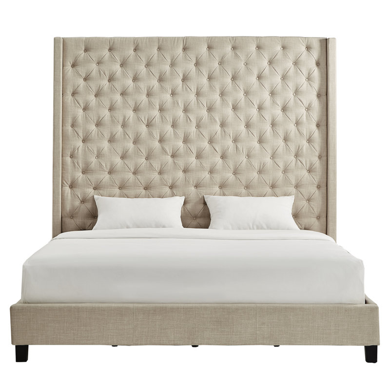 Lit tapissier standard Kaster, Lin beige chiné, Très grand