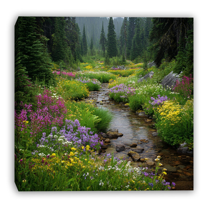 Art mural sur toile Alpine Stream Wildflowers, H 40 po x l 40 po x P 1,5 po