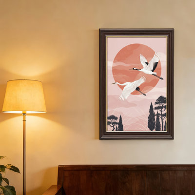 Art mural antique sur toile encadré doré pour le salon, la chambre à coucher, le bureau ou le vestibule - Décoration murale décorative avec coucher de soleil grue