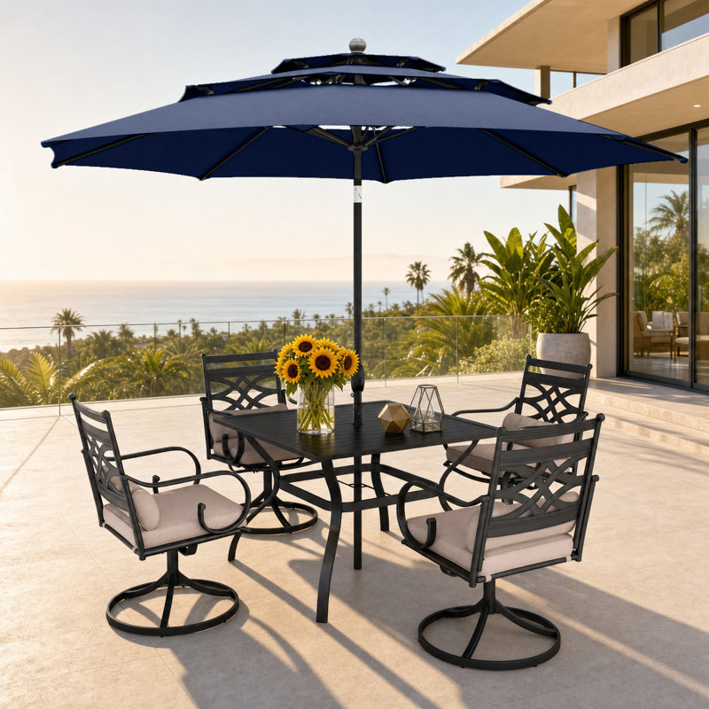 Ensemble repas de patio en acier pour 4 personnes avec parasol Alyah, Marine