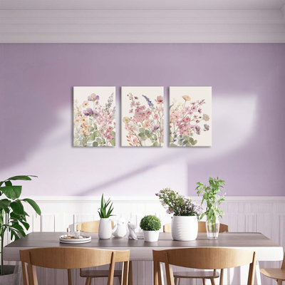 Framed Colorful Wildflower Canvas Wall Art, Pink And Purple And Floral Paintings Watercolor Botanical Flower Wall Decor Pictures Prints Set Of 3 For L