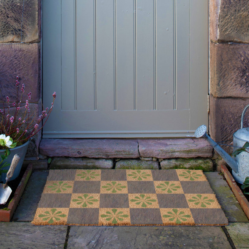 Petal Checkerboard Coir Doormat, 60cm W x 90cm L, Blue/Yellow