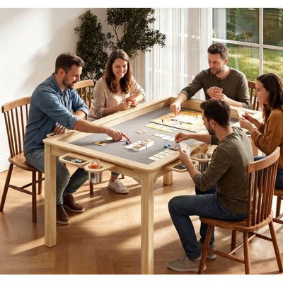 Board Game Table with Removable Solid Wood Top, 6 Cup Holders & Storage Trays, Converts to Dining Table with Waterproof Mat