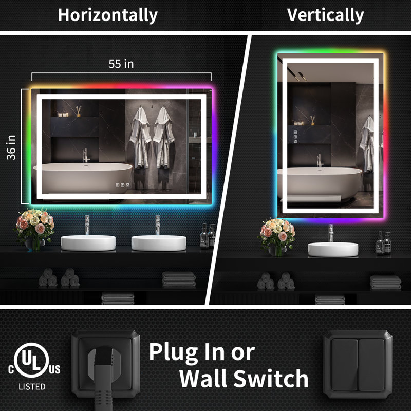 Gaulrapp Anti-Fog RGB Backlit & LED Frontlit Bathroom / Vanity Mirror with Tempered Glass & ETL, 55" x 36"