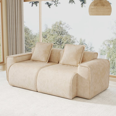 Light Camel Velvet Sofa - No Assembly Required Sectional Couch with French Piping Detail, Premium High-Resilience Foam Cushions