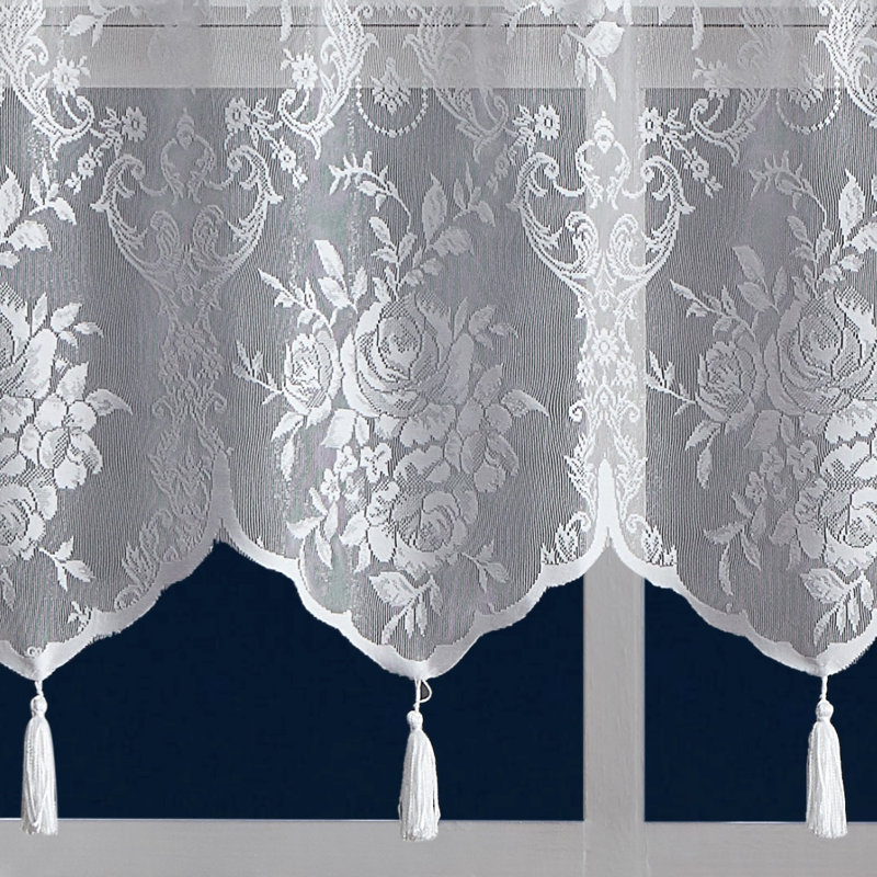 Rosdorf Park Pair Of 2 Sheer Lace Curtain Panels with Attached Matching Valance With 6 Tassels., 54" W x 84" L, White