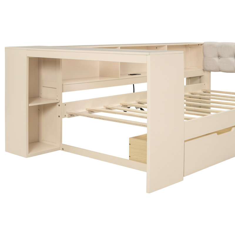 Lit simple en bois avec tête de lit tapissier, rangement, charge et tablettes de rangement crème, option