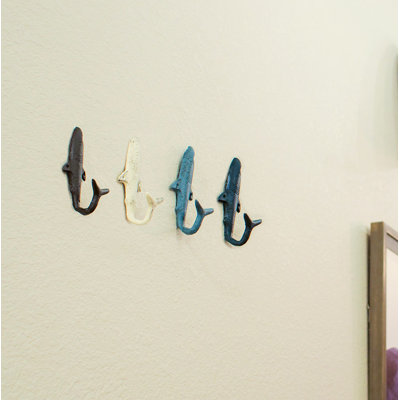 Albany Entryway Coastal Cast Iron Shark Tail Coat Wall Hooks, Set of 4 — Blue, Turquoise, Coral and White Enamel, 2.25 X 5.25 X 1.5 Inches