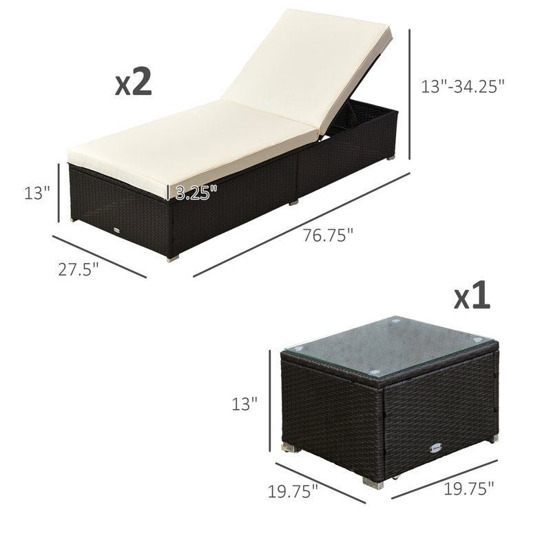 Ensemble de chaises longues 3 pièces avec coussin, blanc crème