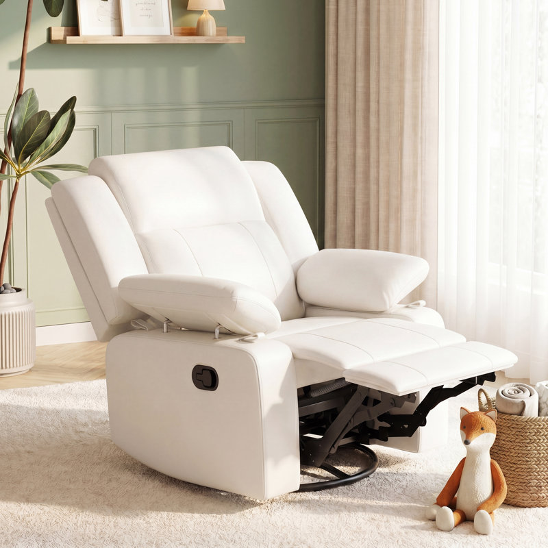 34”W Upholstered Swivel Reclining Rocking Chair, Beige