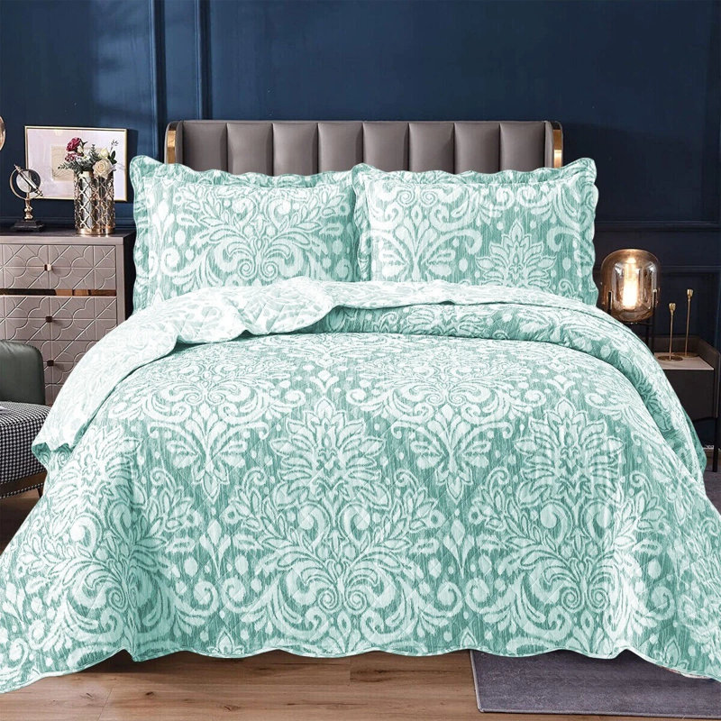 Cotton Duvet Cover Set with Pillowcases Included, Green Damask, SuperKing Duvet Cover Set + 2 Standard Pillowcases