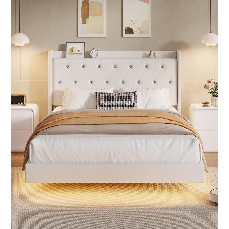 Queen Size Bed Frame with LED Lights, Modern Floating Bed Frame with Storage, Velvet Upholstered Headboard with Wingback for Apartment, White