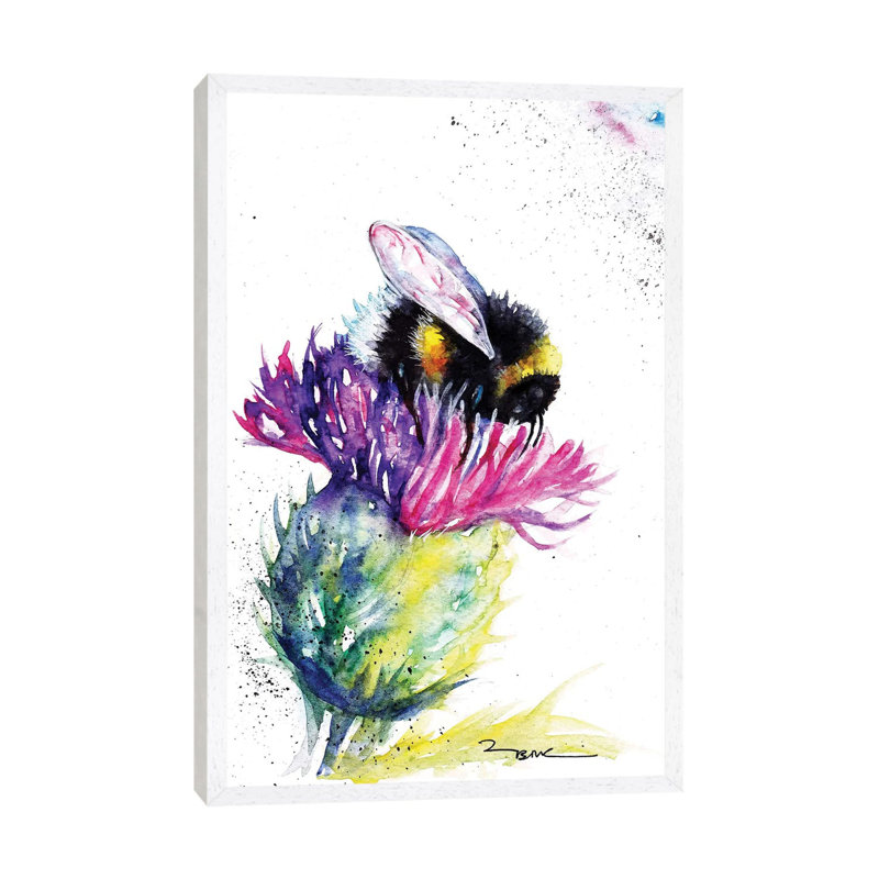 Bee And Thistle - Painting on Canvas, White Framed, 66.04cm H x 45.72cm W x 3.81cm D