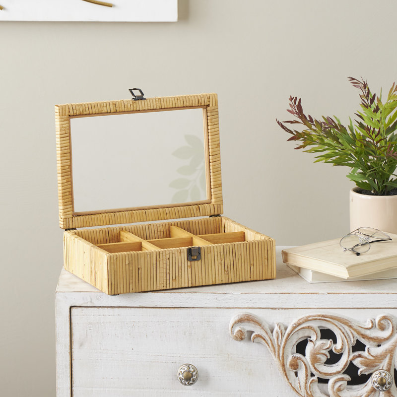 Cole And Grey Rattan Handmade Wrapped 6 Slot Jewellery Box With Tempered Glass Top