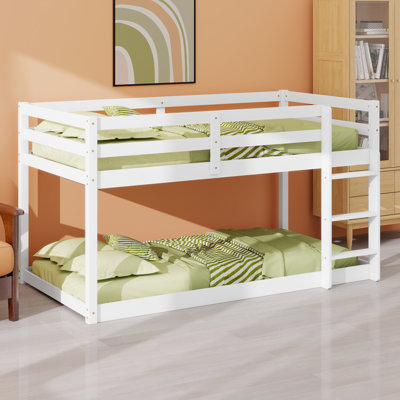 Solid Rubber Wooden Low Floor Platform Bed With Ladder And Full Length Guardrail