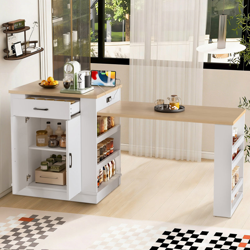 Îlot de cuisine 80,7 po avec table extensible, table de salle à manger avec tiroirs et armoire à double porte