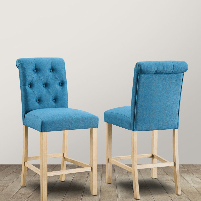 Tabourets de bar 2, bleus - Dossier capitonné, assise rembourrée, structure en bois massif, salle à manger, 47 cm (l) x 65 cm (p) x 108 cm (h). Revêtement en tissu.