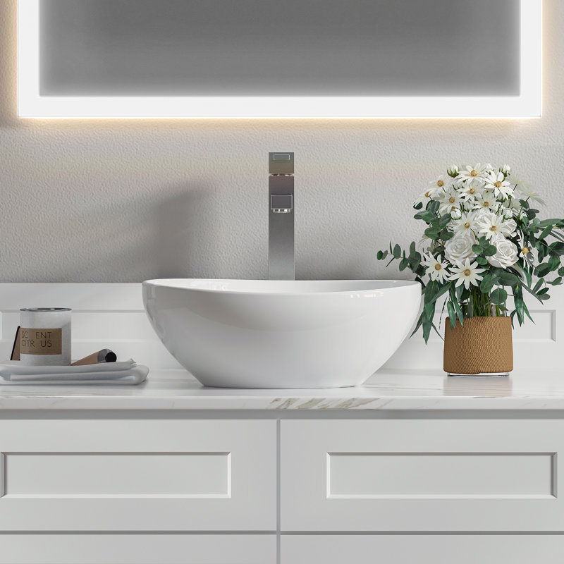 Sinber 16" x 13" x 5.5" White Oval Ceramic Countertop Bathroom Vanity Vessel Sink
