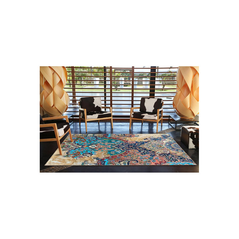 Tapis décoratif moderne bleu et rouge à motif de tuiles lavables à la machine, Sous-tapis carré 3 pi 3 po inclus