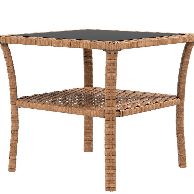 Table de bout d'extérieur avec verre trempé et 2 espaces de rangement noir et brun