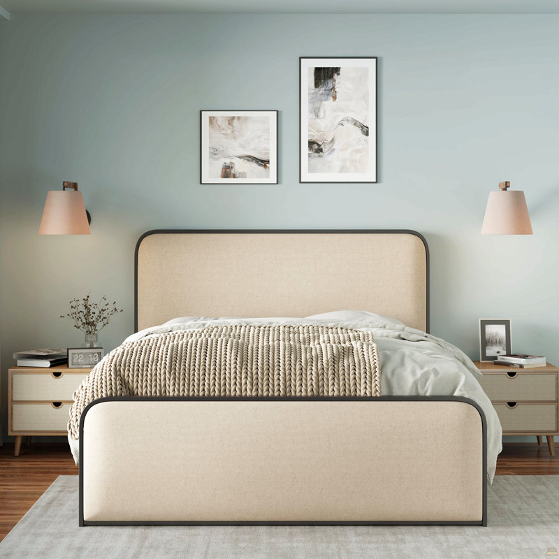Structure de lit moderne en métal avec tête de lit et pied de lit rembourrés courbés avec rangement sous le lit