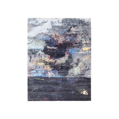 Tapis oriental rectangulaire noir en laine et en soie noué à la main 8 pi 0 po x 10 pi 0 po - MOA10262407