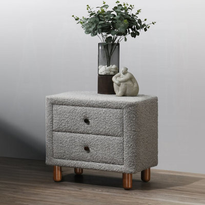 Two-Drawer Boucle Nightstand with Wooden Legs