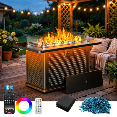 43" Rectangular Propane Fire Pit Table with RGB Lighting, APP & Remote Control, Adjustable Flame, Glass Stones, Wind Guard  60,000 BTU，Ideal for Patio & Garden, Black
