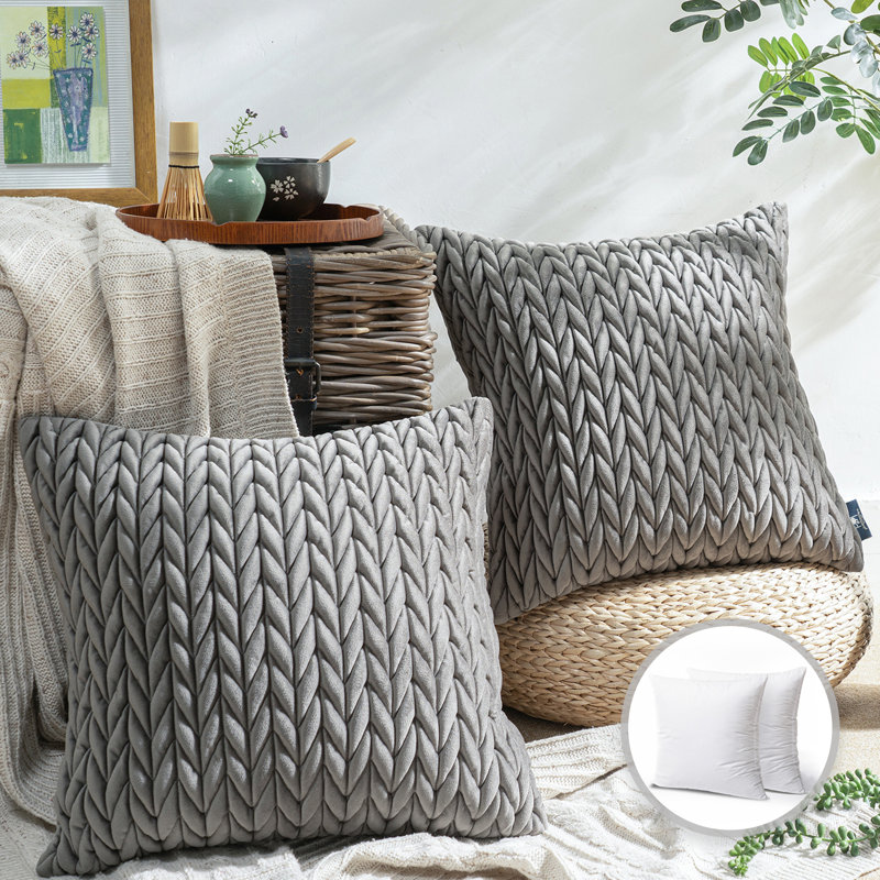 Velvet Quilted Throw Pillows, Braided Textured Decorative Cushion, Square 20"H x 20"W, Dark Gray