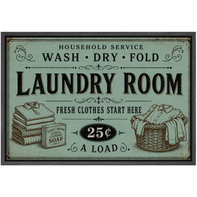 " Wash Dry Fold Vintage Laundry Service Sign Artwork, Laundry Room Pictures, Framed Canvas Giclee Print Wall Art "