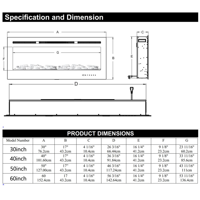 Carwyn Latitude Run Powder Coated Electric Fireplace, 43cm H x 127cm W x 10cm D
